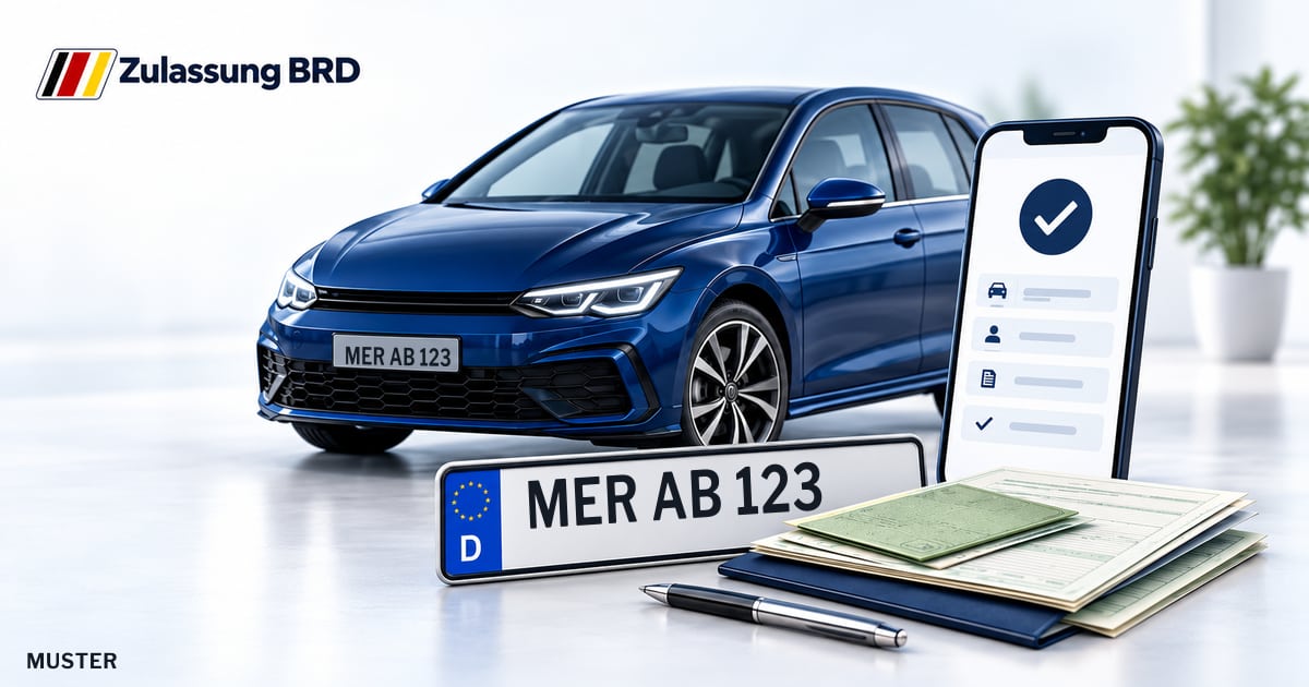 Online Fahrzeugzulassung in Merseburg: Musterkennzeichen MER AB 123, Auto und Fahrzeugpapiere und Smartphone. Illustration mit Logo von Zulassung BRD.